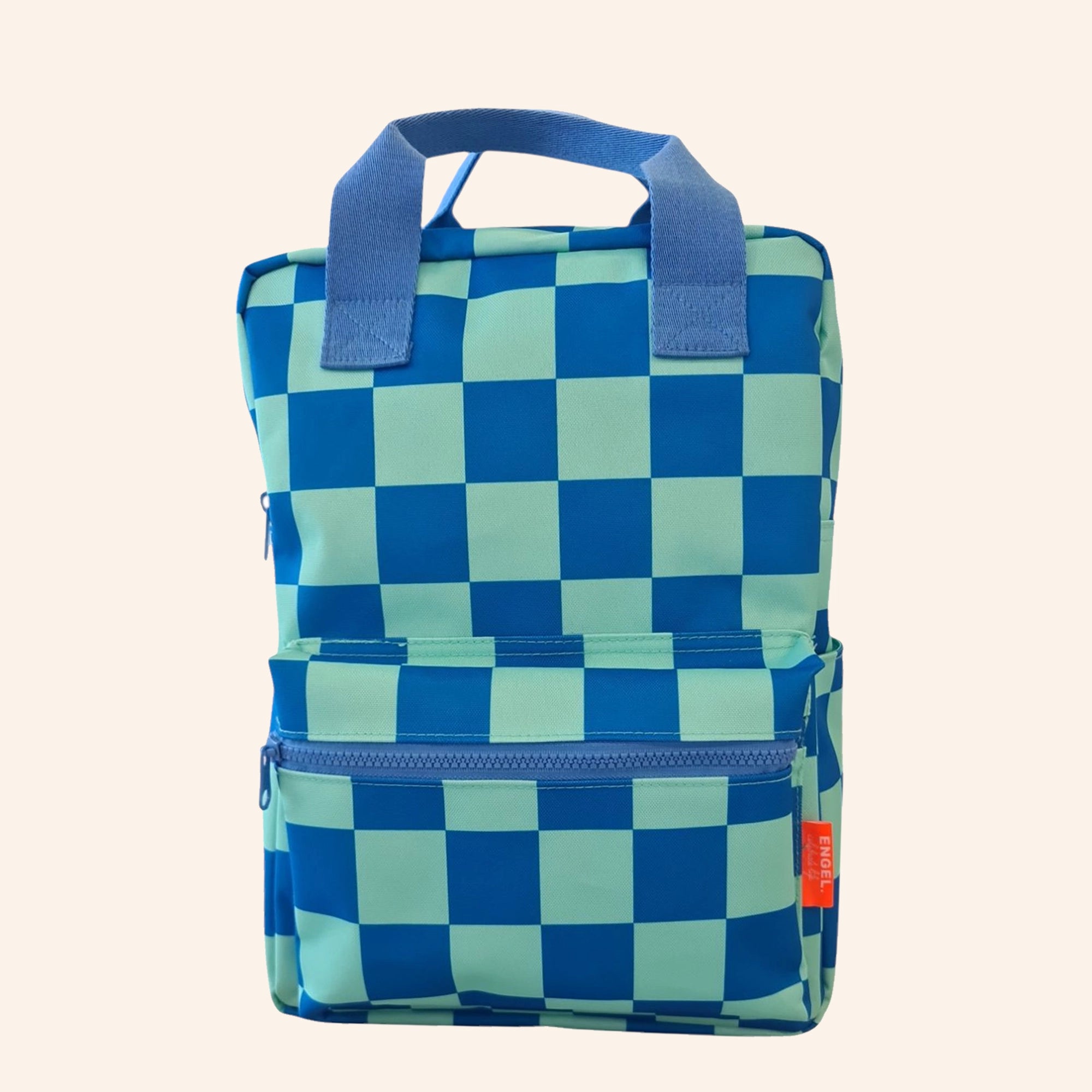 Grote rugzak van Engel. met ruitpatroon in blauw/groene tinten.