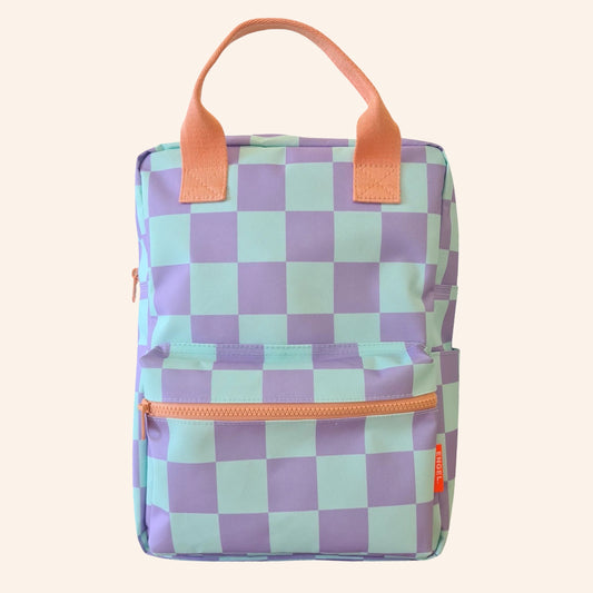 Grote rugzak van Engel. met ruitpatroon in turquoise/lila tinten