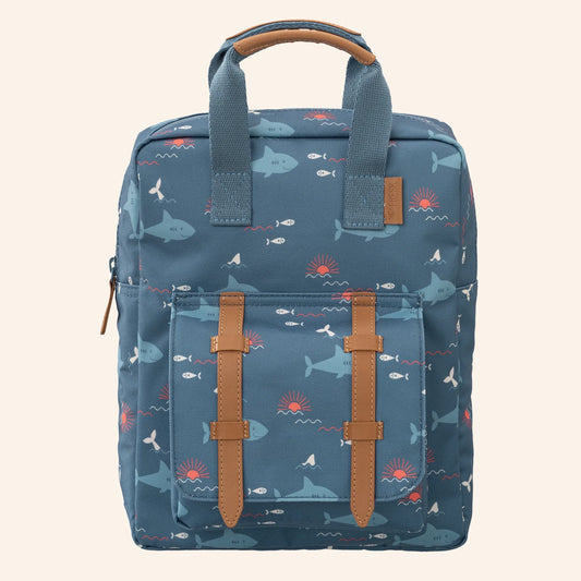 Blauwe Fresk kinderrugzak met haaienprint.