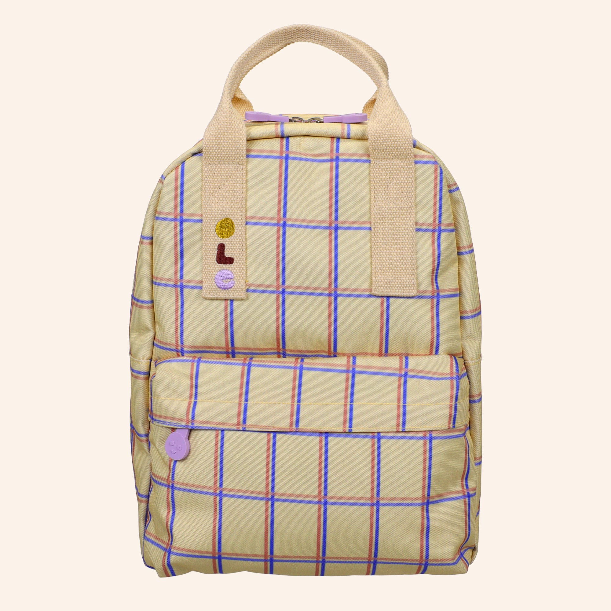 OLE medium kinderrugzak met ruitpatroon  van rood en blauwe lijnen.