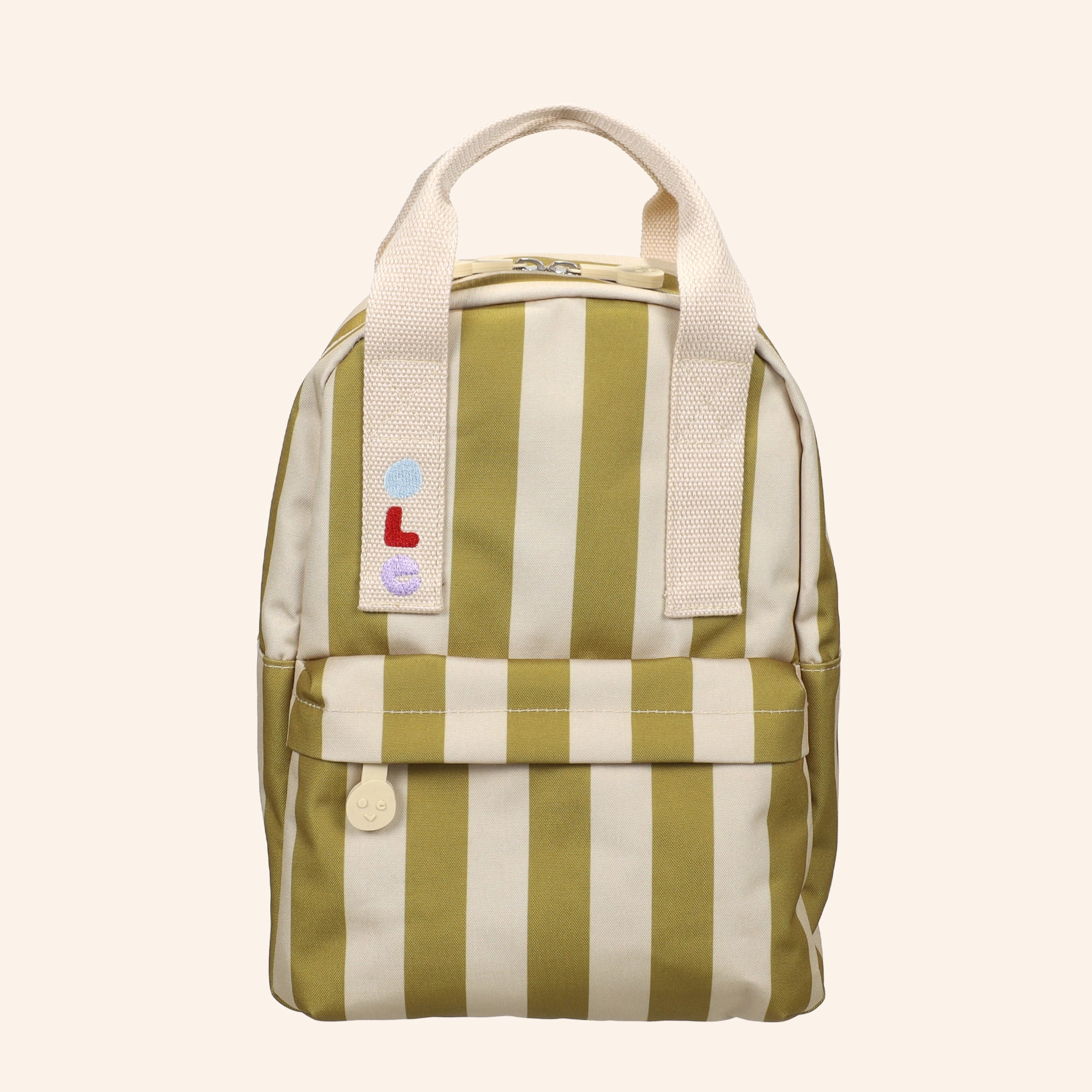 Kleine kinderrugzak van OLE met strepen in vanille en groen.
