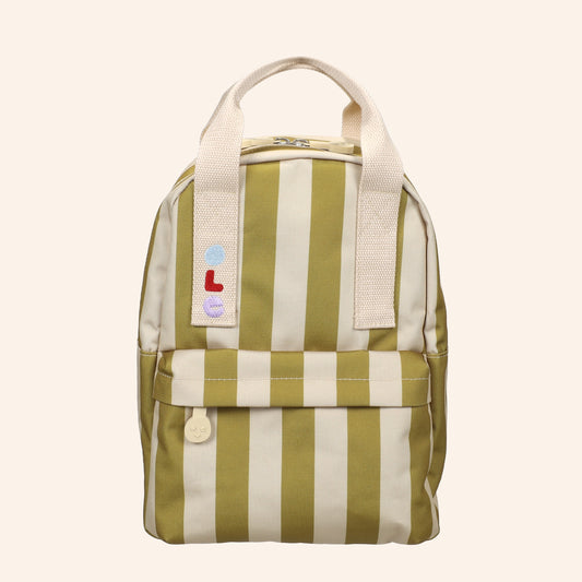 Kleine kinderrugzak van OLE met strepen in vanille en groen.