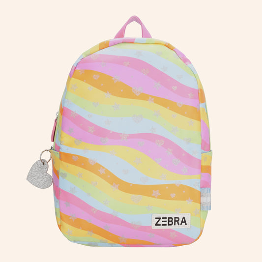 ZEBRA kinderrugzak met regenboogstrepen in pastelkleuren.