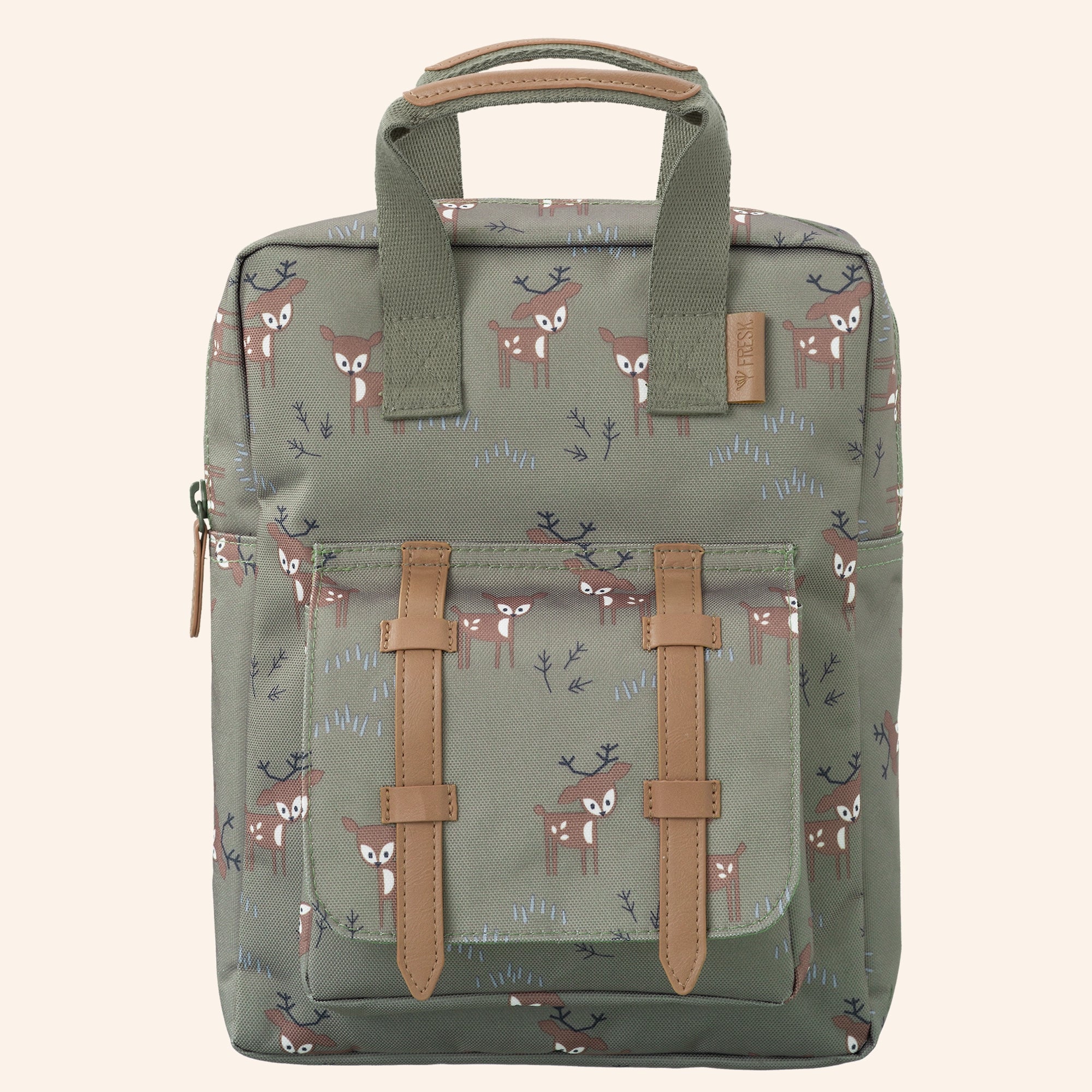 Fresk kinderrugzak met hertenprint in olijfgroen.