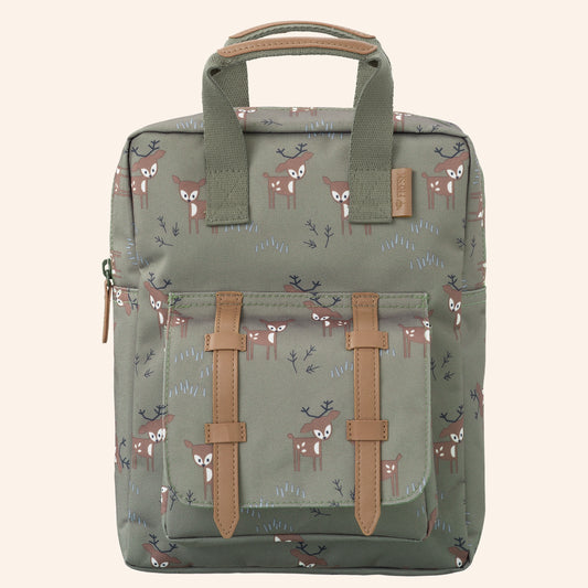 Fresk kinderrugzak met hertenprint in olijfgroen.