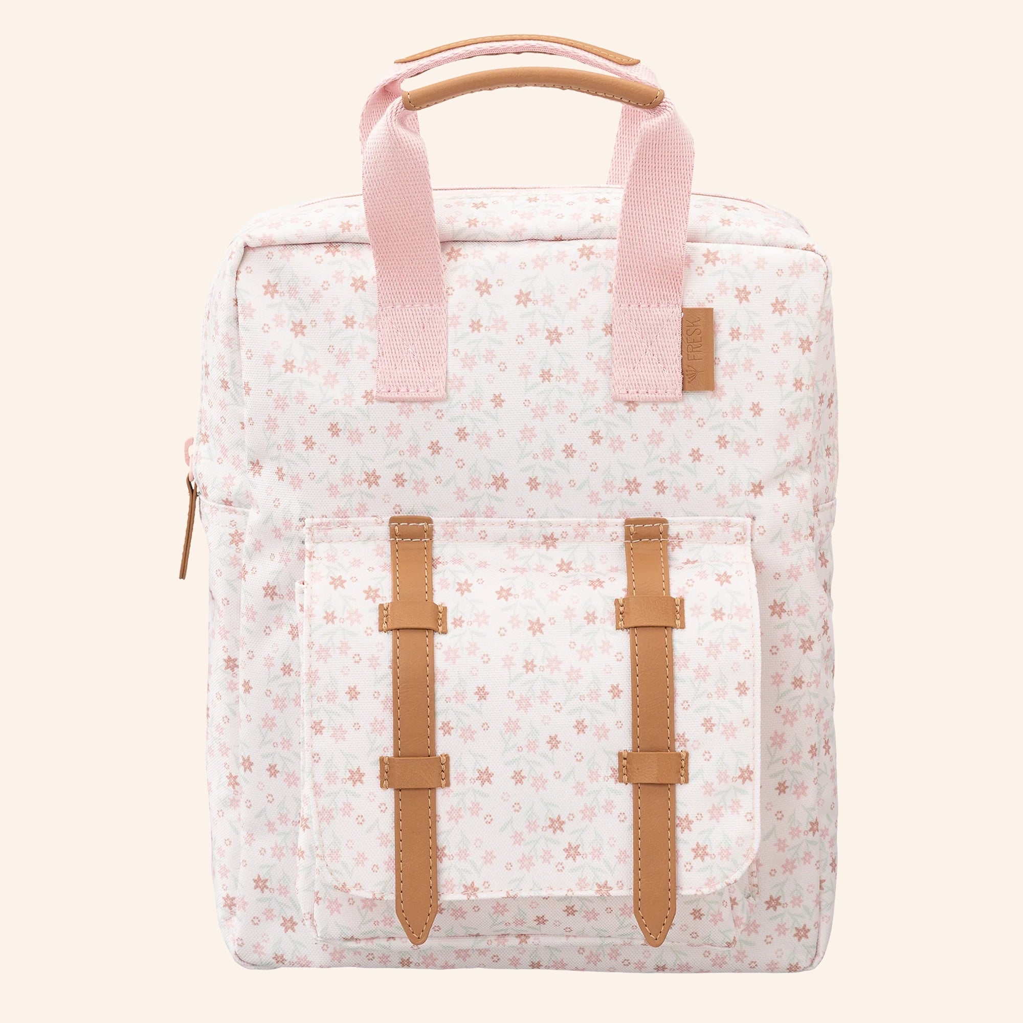 Fresk kinderrugzak met bloemenprint in zachte pastelkleuren.