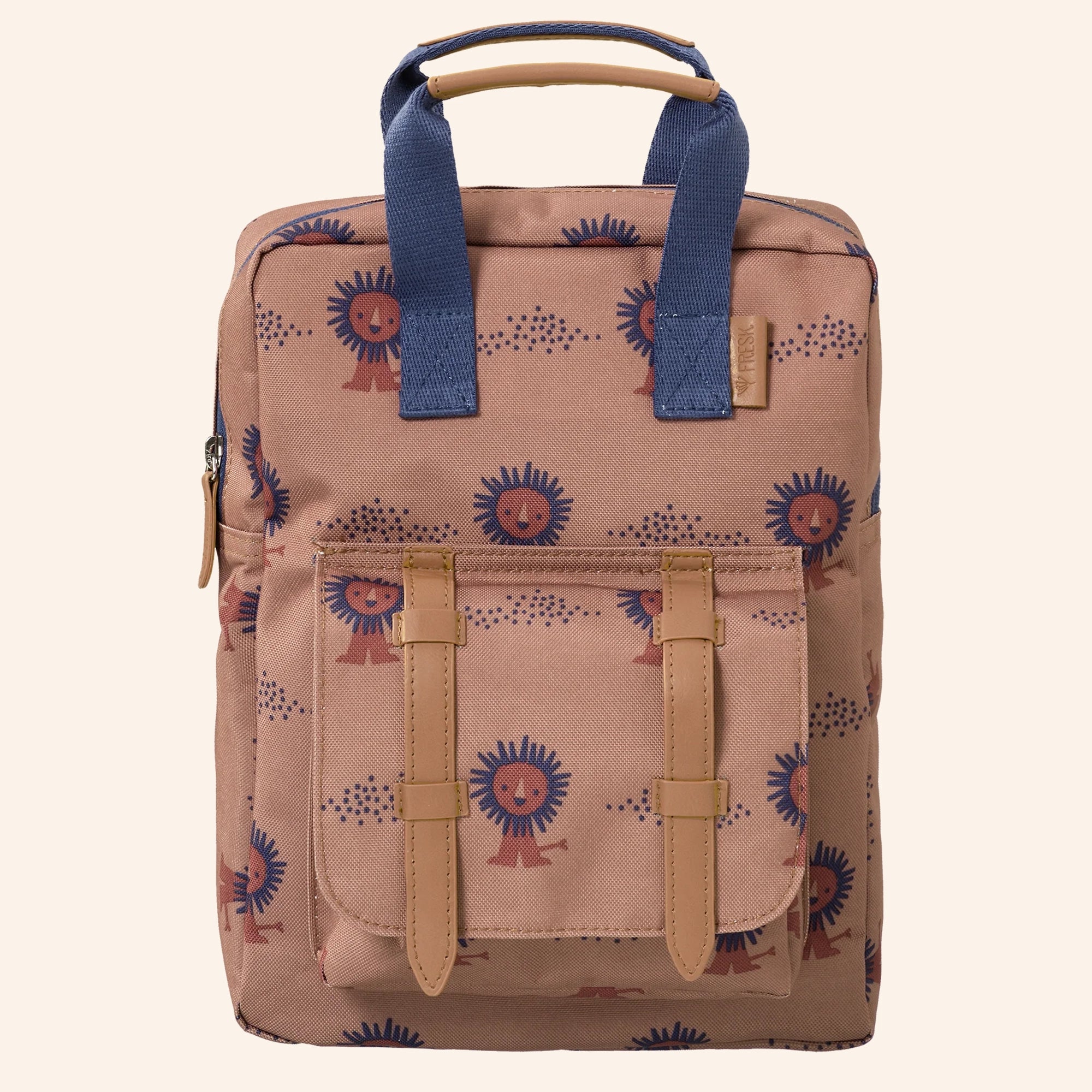 Fresk kinderrugzak met leeuwenprint in bruin met blauw.