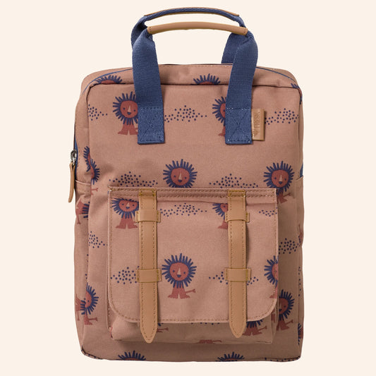 Fresk kinderrugzak met leeuwenprint in bruin met blauw.