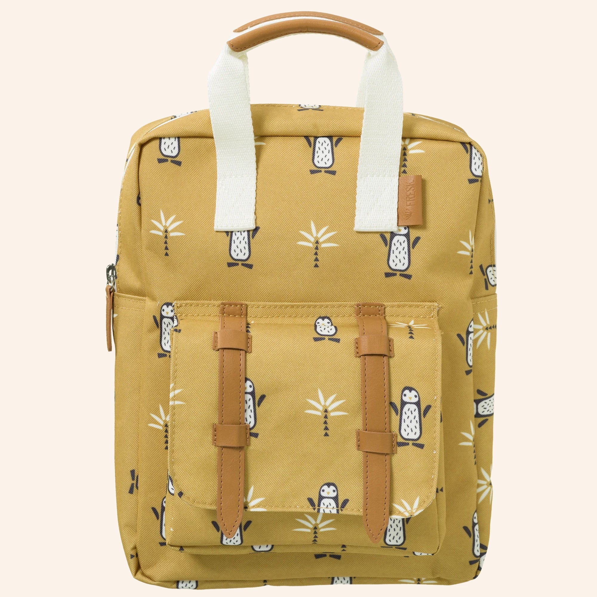 Fresk kinderrugzak met pinguïnprint in okergeel.