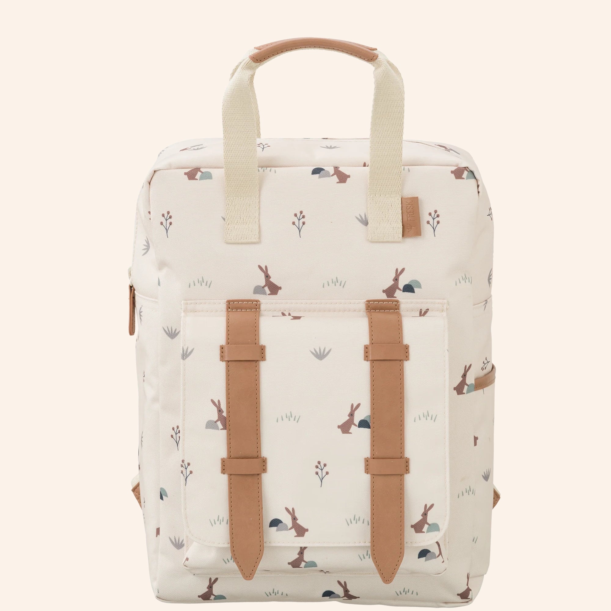 Fresk kinderrugzak met konijnenprint in zandkleurige tinten.