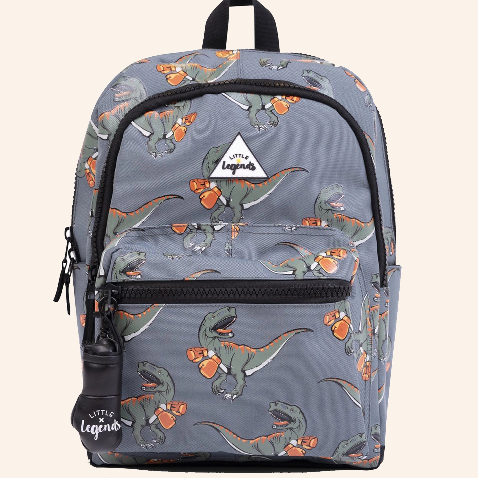 Little Legends rugzak met boksende dino's op grijze achtergrond.