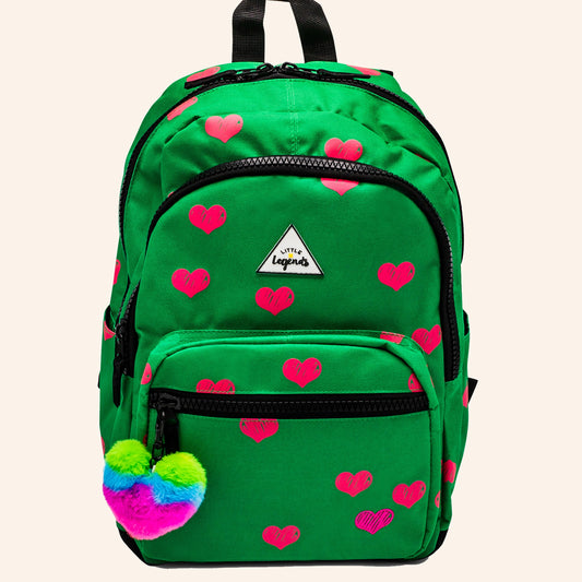 Little Legends kinderrugzak met hartjesprint in groen en roze.