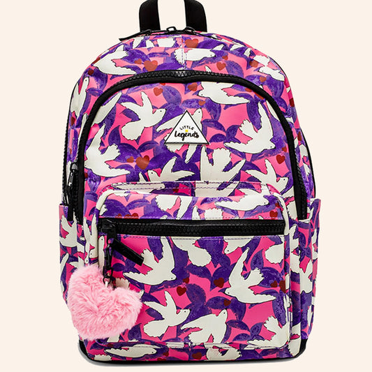 Little Legends kinderrugzak met kleurrijke vogelprint.