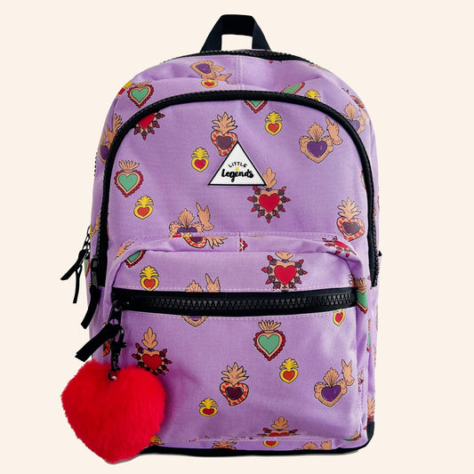 Little Legends kinderrugzak met Milagros hartjesmotief in paars en rood.