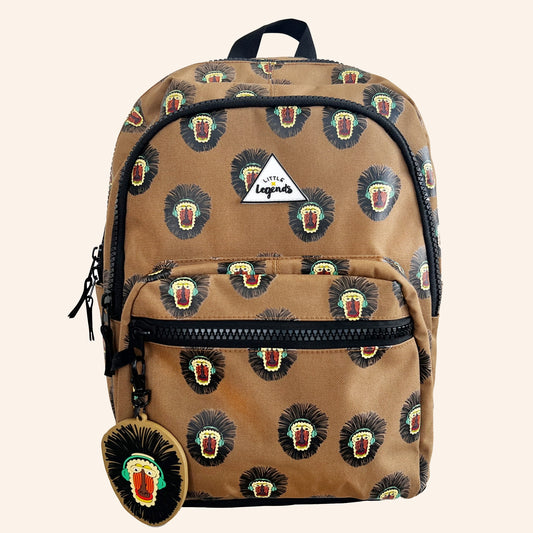 Little Legends kinderrugzak met bavianenprint in bruin en zwart.