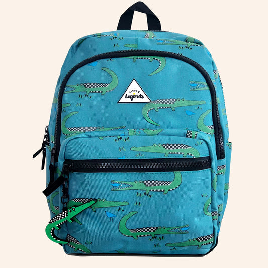 Little Legends kinderrugzak met krokodillenprint in groen en blauw.