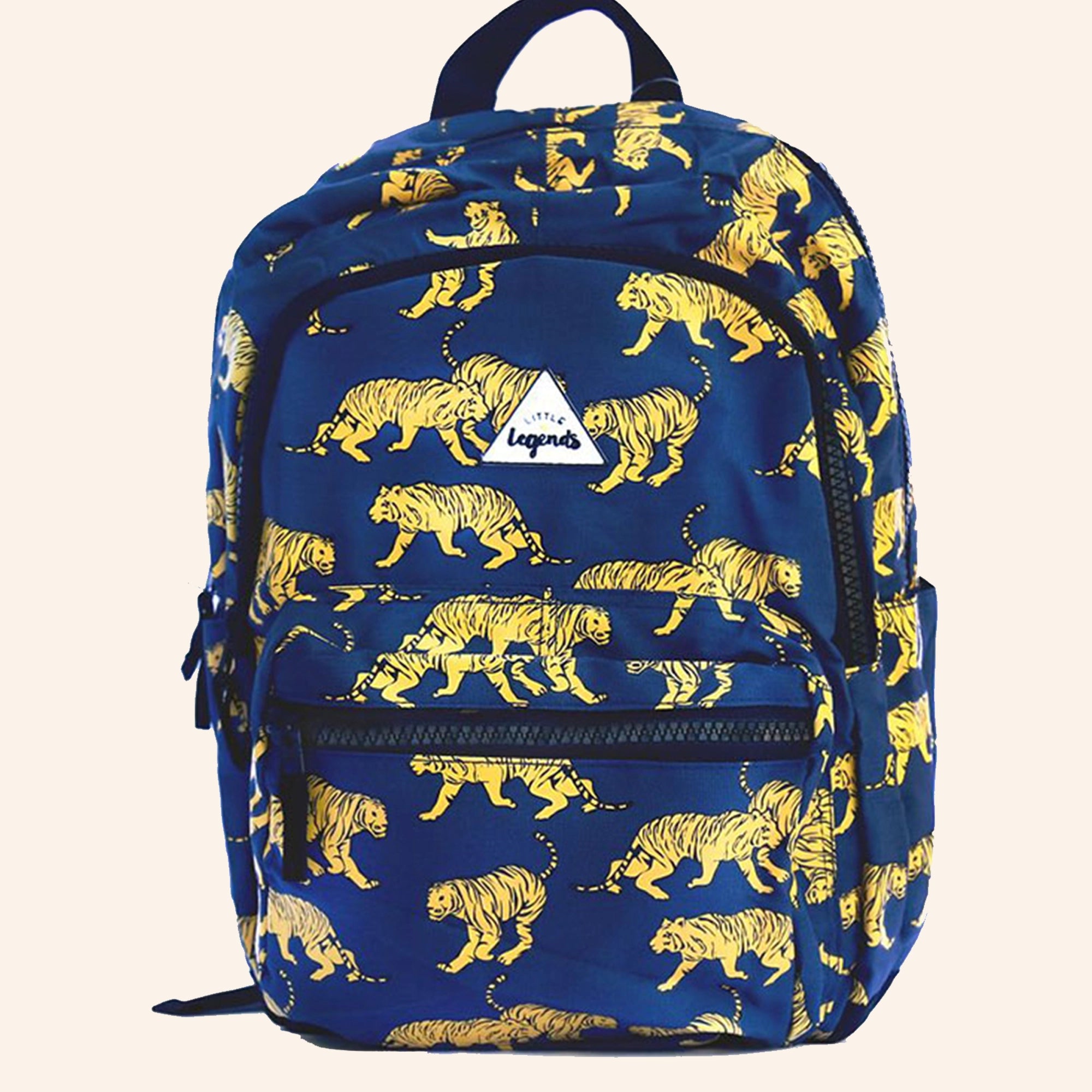 Little Legends kinderrugzak met tijgerprint in blauw en geel.