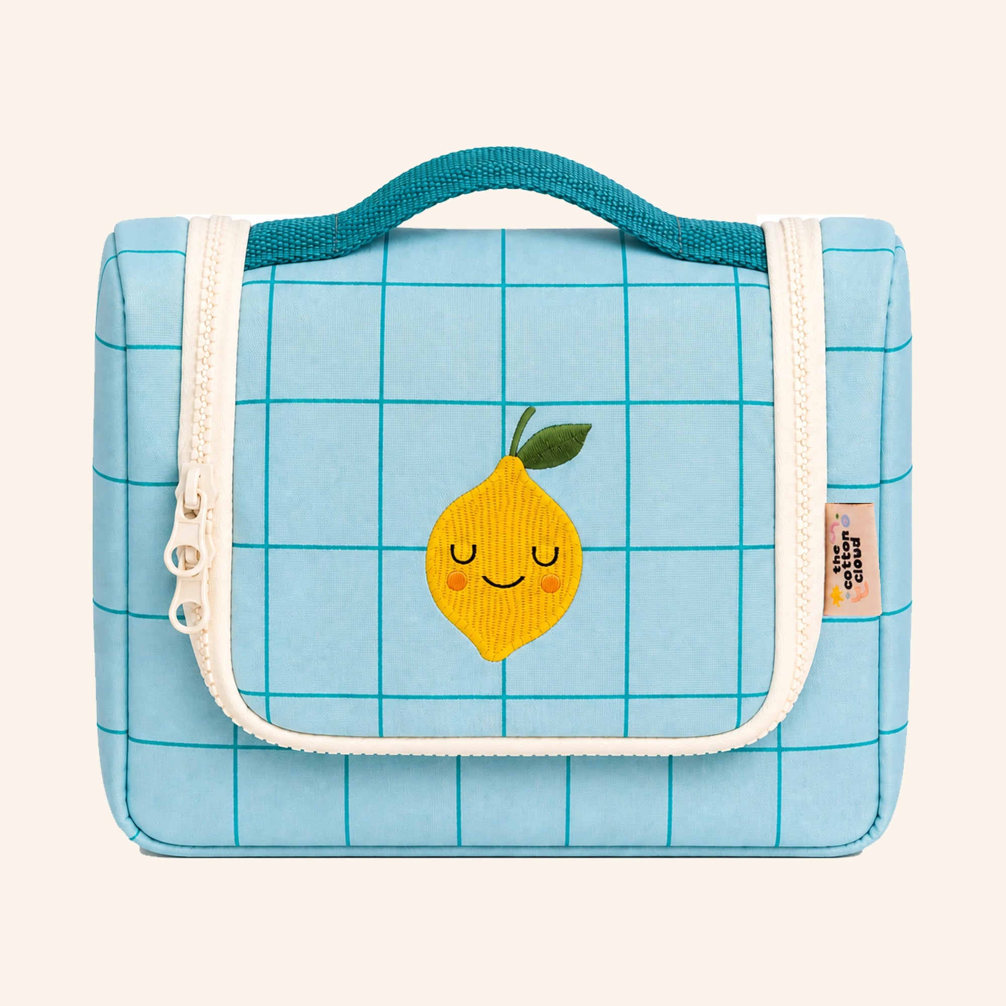 The Cotton Cloud - Hangende toilettas met naam – blauw geruit citroen