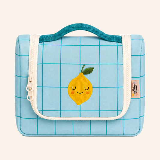 The Cotton Cloud - Hangende toilettas met naam – blauw geruit citroen