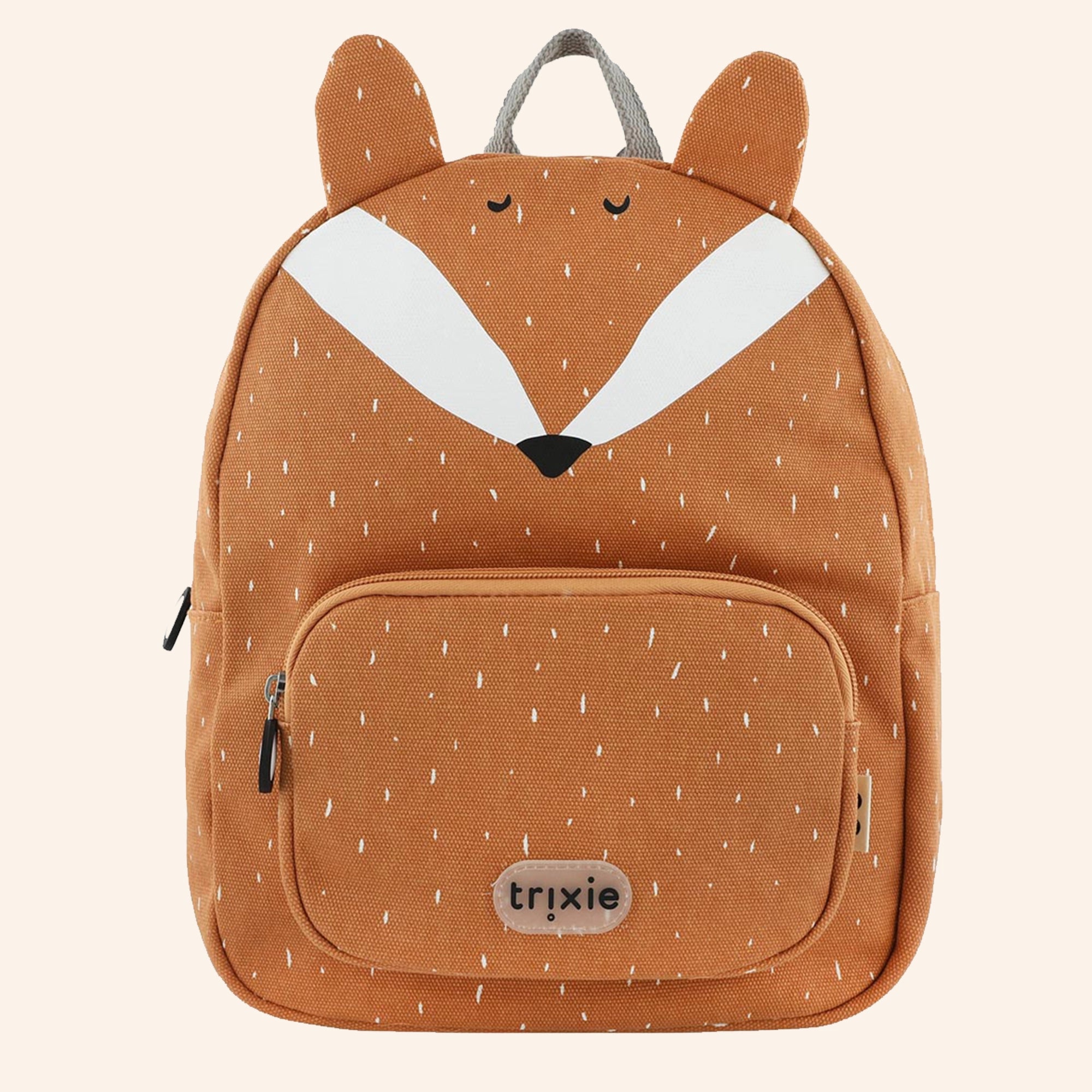 Oranje rugzak van Trixie in de vorm van een vos - ook wel Mr Fox genoemd.