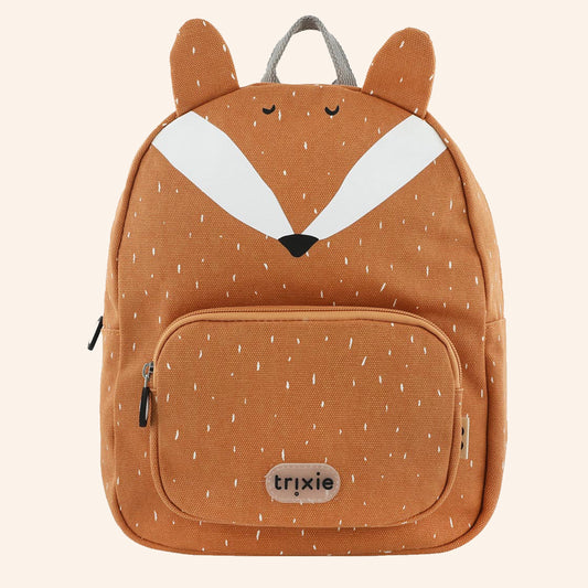 Oranje rugzak van Trixie in de vorm van een vos - ook wel Mr Fox genoemd.