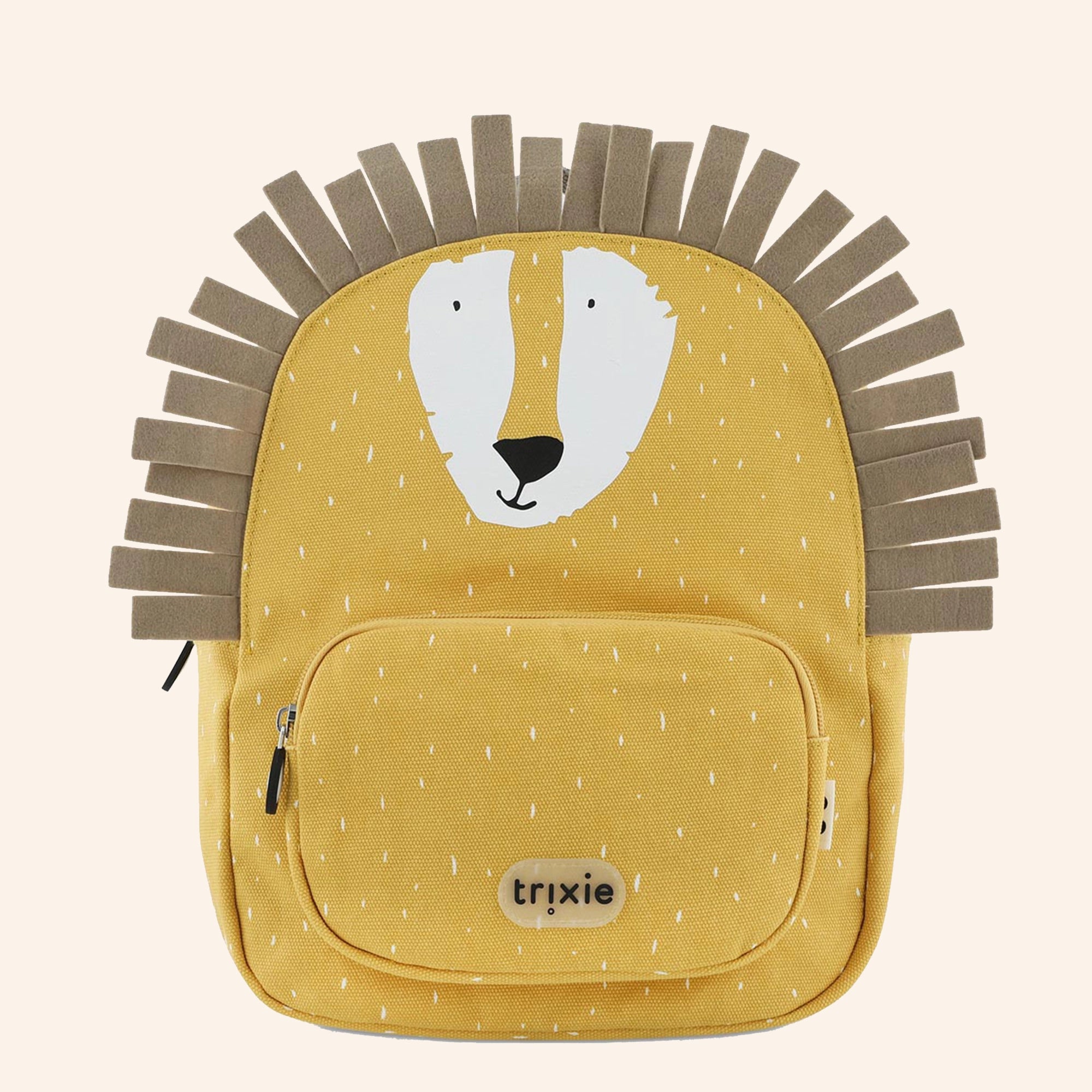 Gele rugzak van Trixie in de vorm van een leeuw - ook wel Mr Lion genoemd.