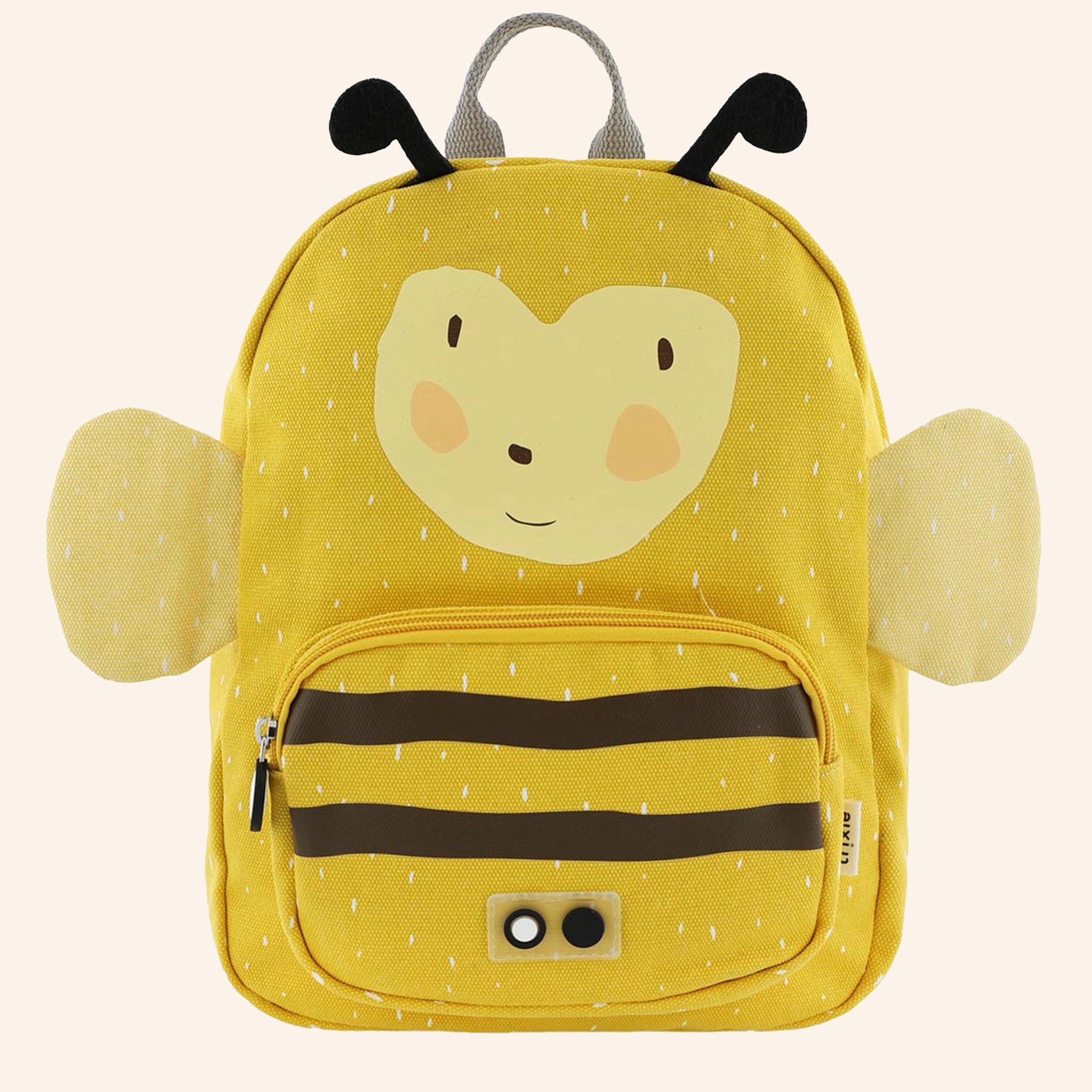 Gele rugzak van Trixie in de vorm van een bij - ook wel Mrs Bumblebee genoemd.